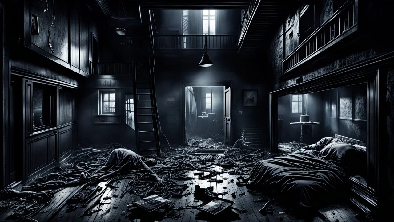 Hogyan is érthetné a második emeleti lakó a földszinten élő nyomorúságát? high contrast, detailed, thriller, deep dark colors, gloomy, cinematic