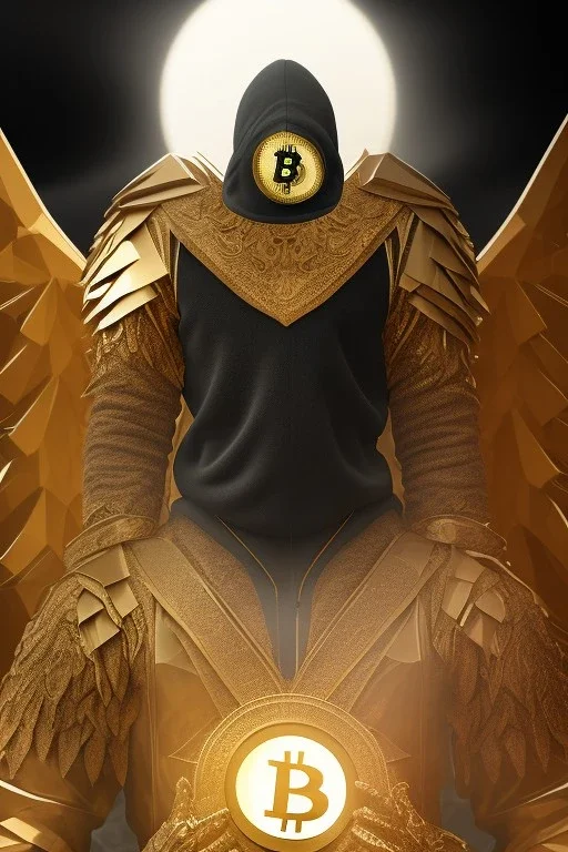 running berserker portrait , no face, black jogging suite , in the night Alps , holding bitcoin , angels background, volumetric gold light, high detail, dark leaf tree, dark mountains in background, perfect