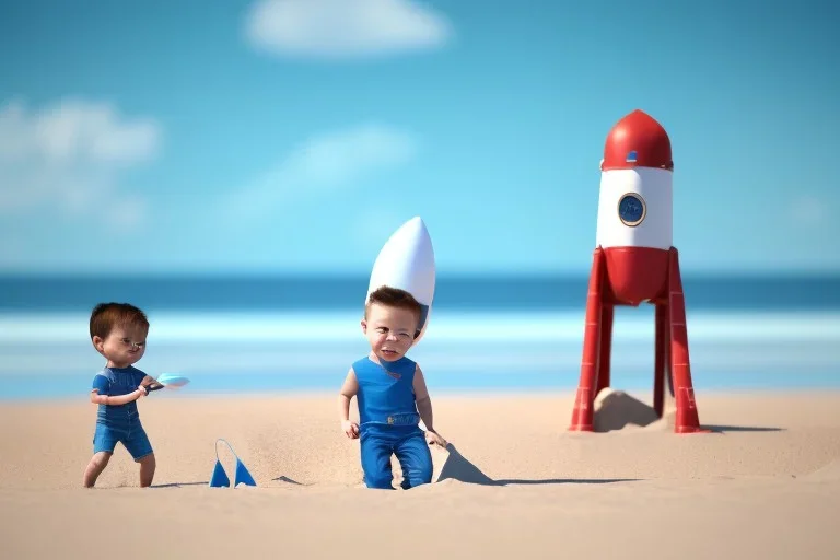 Toddler Elon Musk building a Very tall skinny space rocketShip sandcastle rocket on the beach, Blue shovel, plastic bucket, sunglass