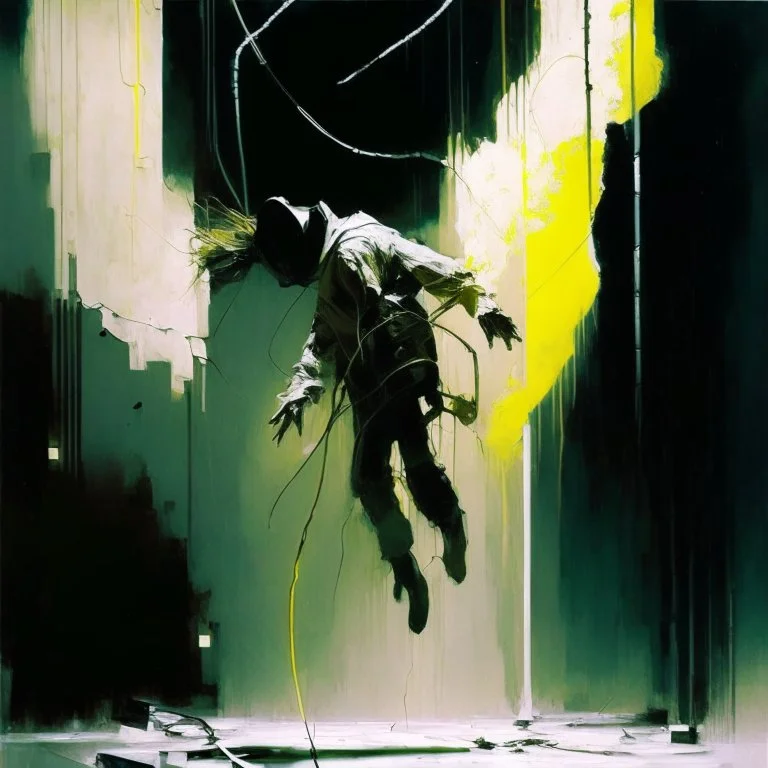 Minimal abstract oil paintings falling person limbs sinew. Wearing hazmat suit. concrete fragments architecture and hanging wires illuminated at night style of Justin Mortimer and Phil Hale and Ashley Wood