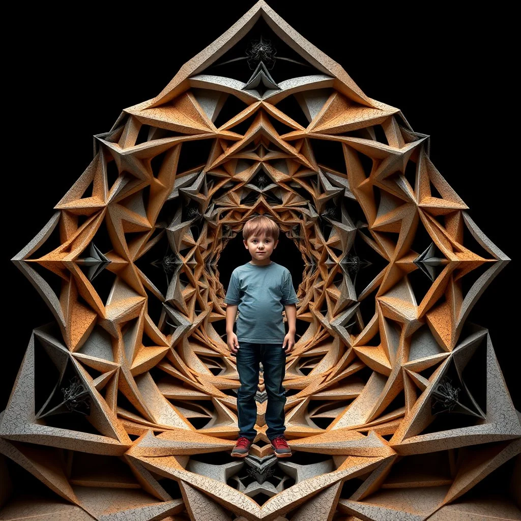 a 3d structure fractal based on tiangles,with a 8 years old boy standing in center