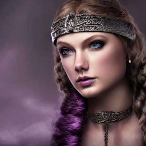 viking queen with purple armor, delicate purple braided hair, white flowing dress, highly detailed, 8k, ambient light, atmospheric lighting, taylor swift