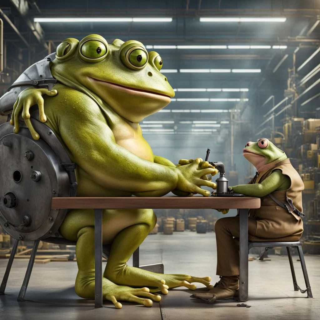 a big fat yellow-green anthropomorphic frog in human cloths sitting on a massive metal chair at the wooden table, talking with opposite sits on a less chair pale brown little mutant anthropomorphic frog with a round head, big round eyes and little pig ears on his head and wearing work clothes and looking the frog, in background blur empty assembly workshop, hangar, pale light, high detalied, high realistic, professional photo, sci-fi mood, fantasy style, digital art