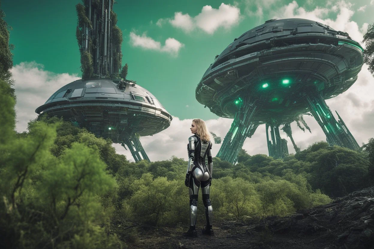 Wide angle photo of a sci-fi slim woman with blond hair, silver and black futuristic spacesuit looking android-like, standing on a derelict alien jungle planet with cloud trees in multiple green hues