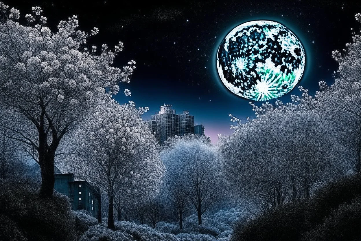 city, ice, night, moon, trees, flowers, influence