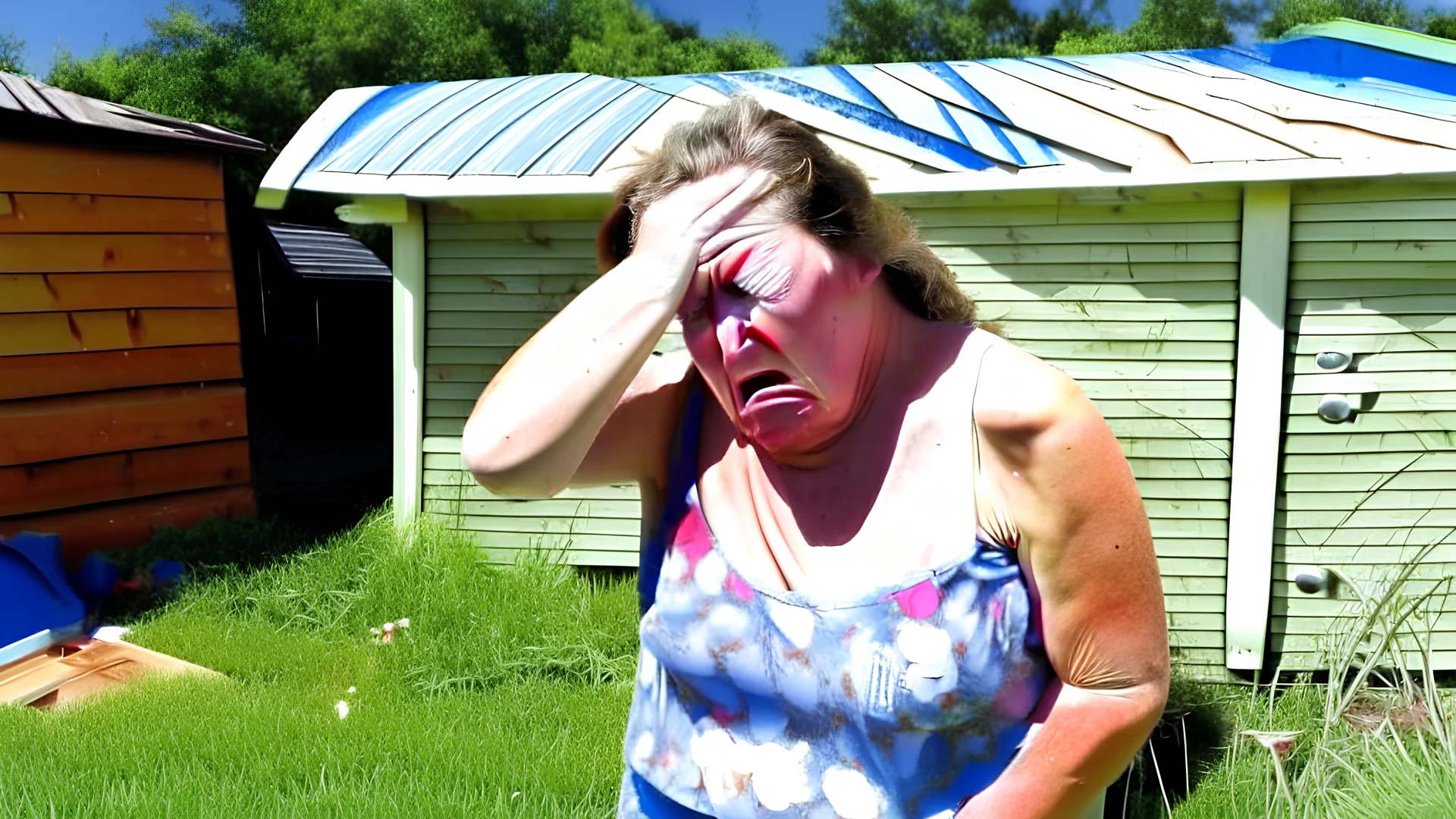 woman cries about melted shed in backyard