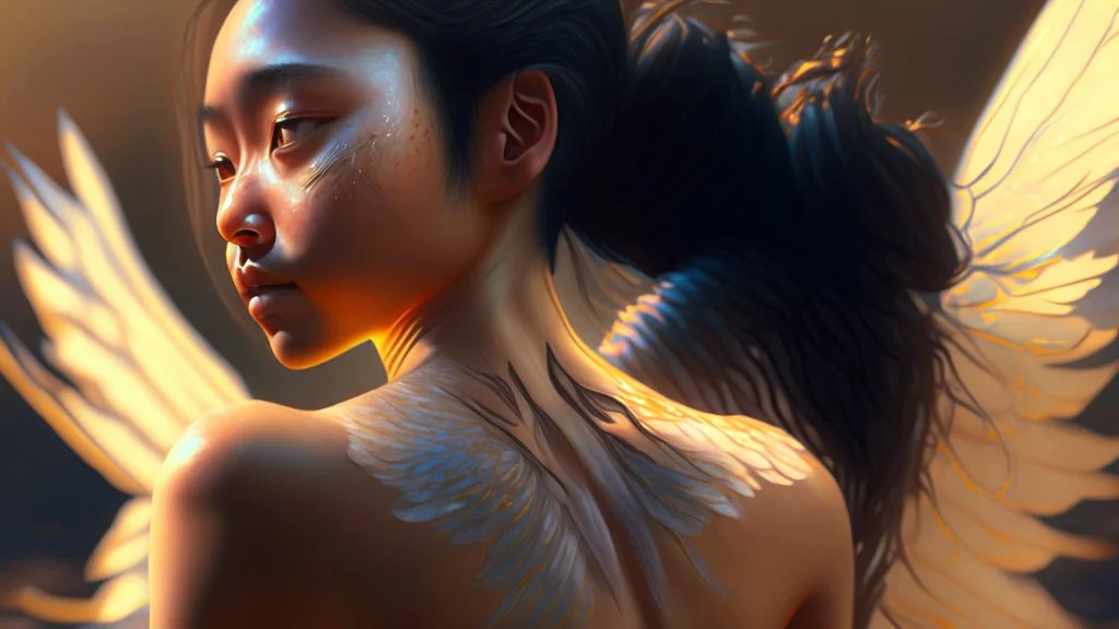 beautyfull asiatic woman, art by kiera malone , concept art modern photorealistic, in the style of , Artstation, sunlight, Unreal Engine sharp fine details trending on artstation reflections 4k ultra realistic post-processing A detailed illustration of a beautiful young female human with growing out of her back. Her skin, hair and face are all made of paint. Her wings are spread. Front view. Highly detailed flawless facial features and eyes. Abstract Oil painting splash art. White ba