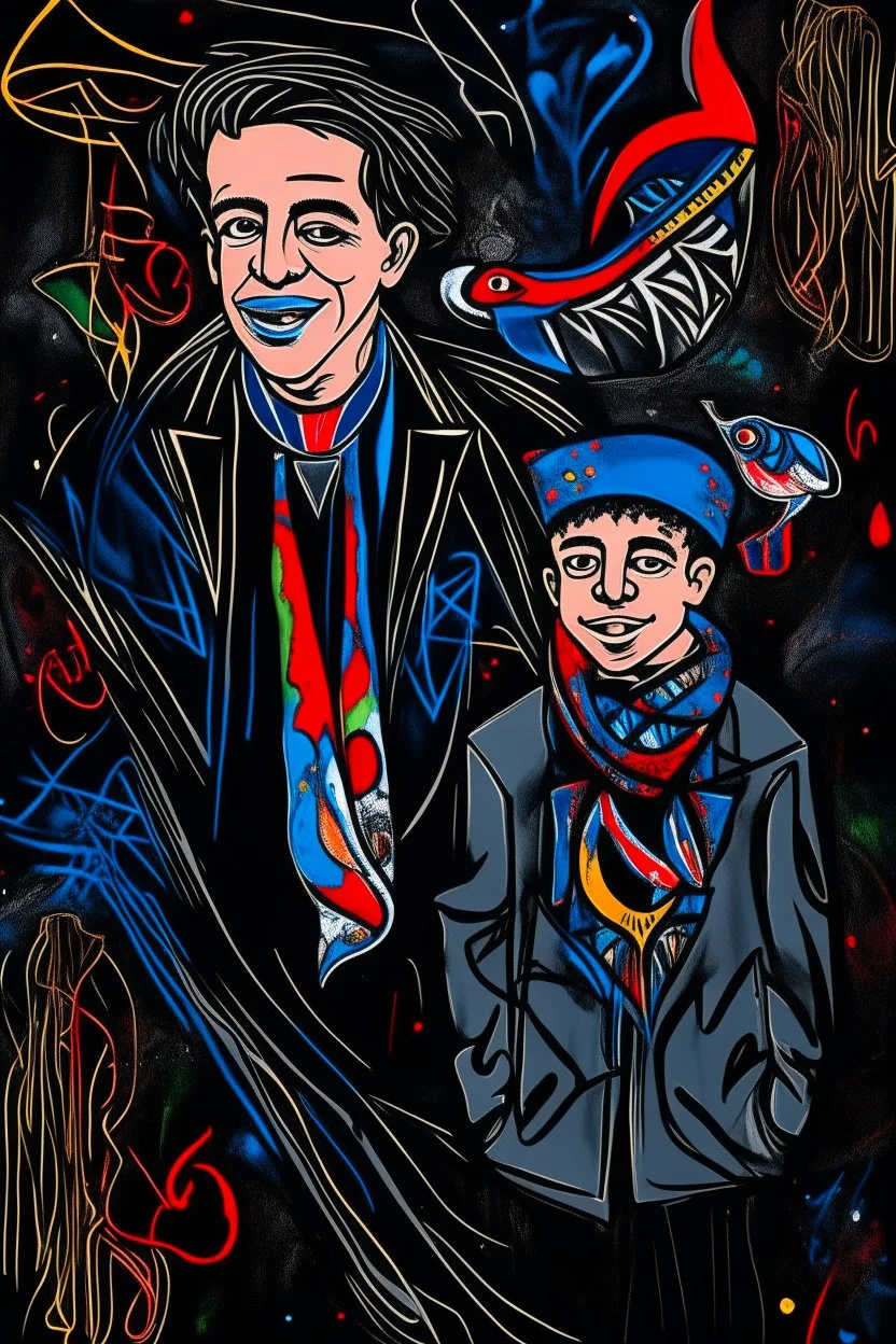 expressionism, Pixar style, in abstract art Basquiat, Picasso, Miro, Kandinsky, Klee, Birell, Fairey, Ardon, Buffet and Picasso style, HD --s 750 --v 5.1 --style raw, water color, black background