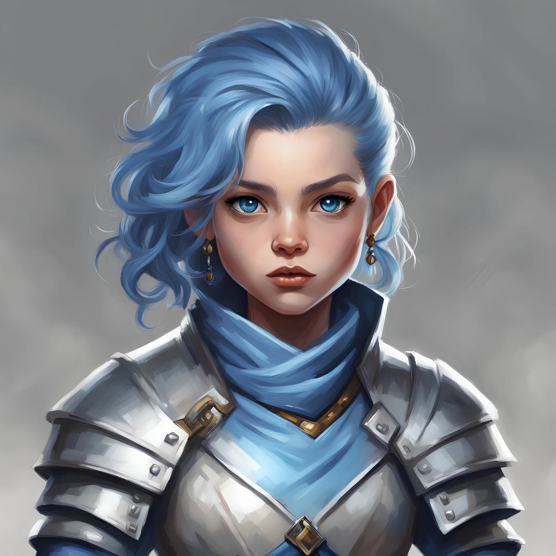 dnd, portrait of female halfling cleric, silver blue hair.