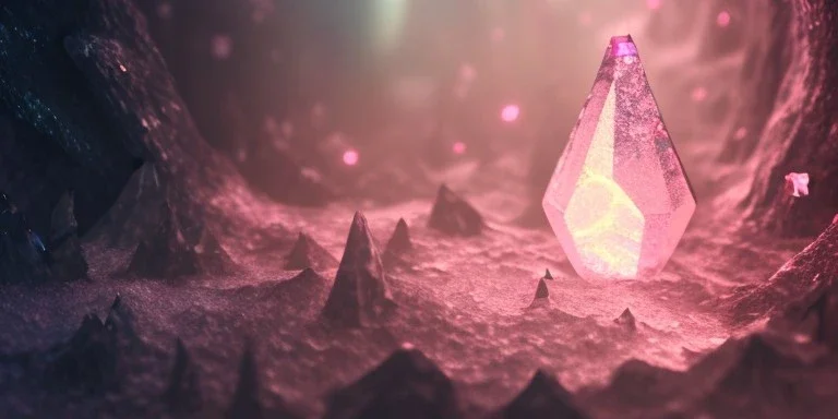 single pink crystal, on an altar in a foggy cave, cinematic,