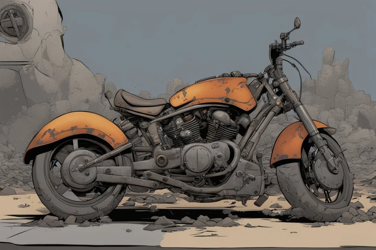 motorcycle, comic book,post-apocalypse, gray background,