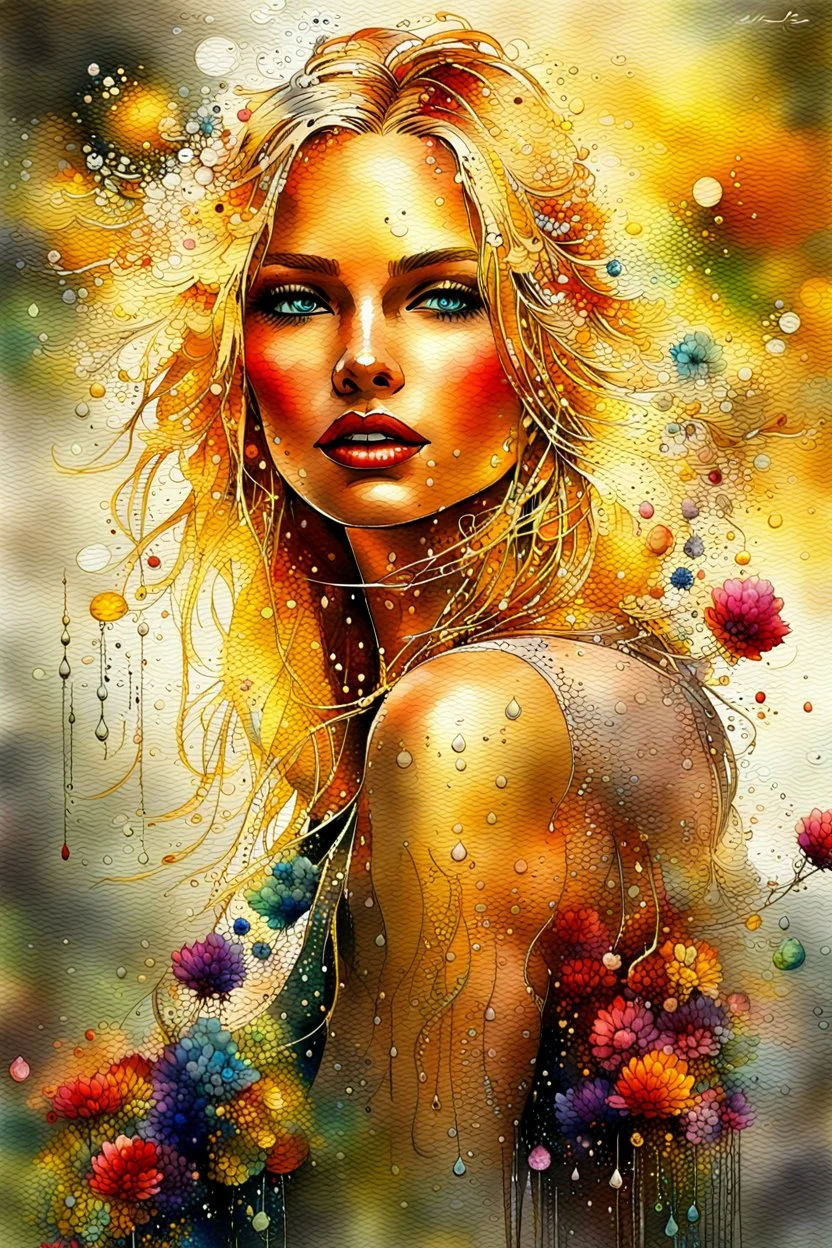 Gorgeous wet look watercolour, a beautiful sensual blond blonde woman, beautiful late summer flowers, colourful, enchanting, wet on wet, silver and gold drops, sparkling lights, winning, intricate, beautiful, gorgeous by Yossi Kotler,