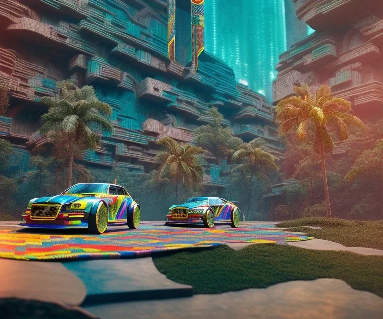 kente scene, thread, embroidery, octane render, high detail, futurist city