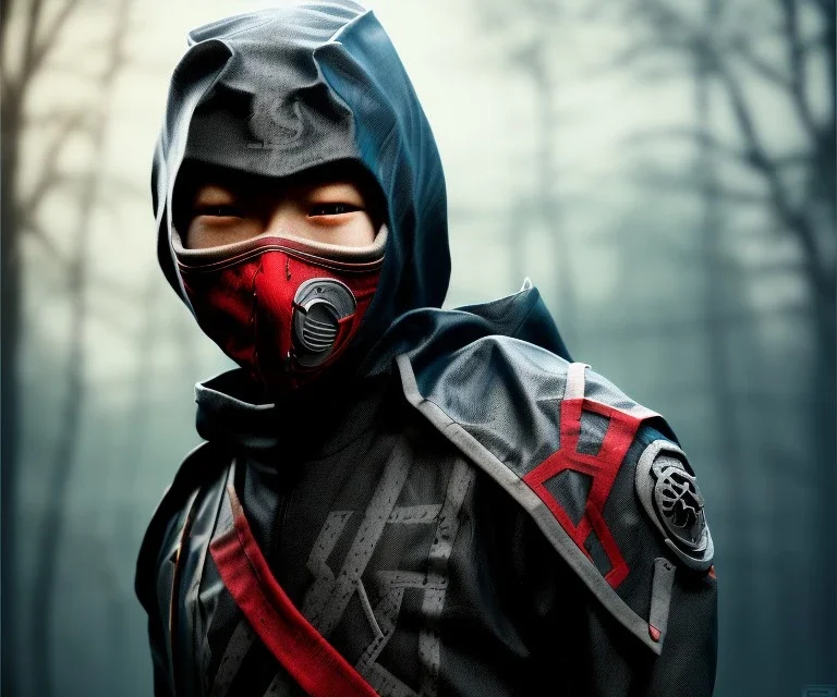 Ninja, mask and hood, highly detailed, trees, red lighting, hyper-detailed, beautifully color-coded, Cinematic, Color Grading, Editorial Photography, Depth of Field, DOF, Tilt Blur, White Balance, 32k, Super-Resolution, Megapixel, ProPhoto RGB, VR, Half rear Lighting, Backlight