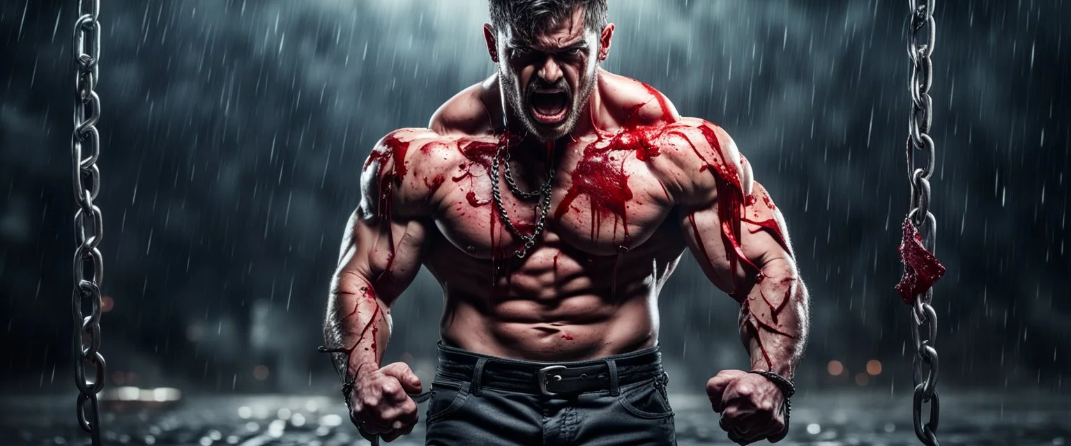 Hyper realistic angry furious muscular man carrying a fancy knife with blood on it standing on a metal surface with hanging metal chains at rainy night