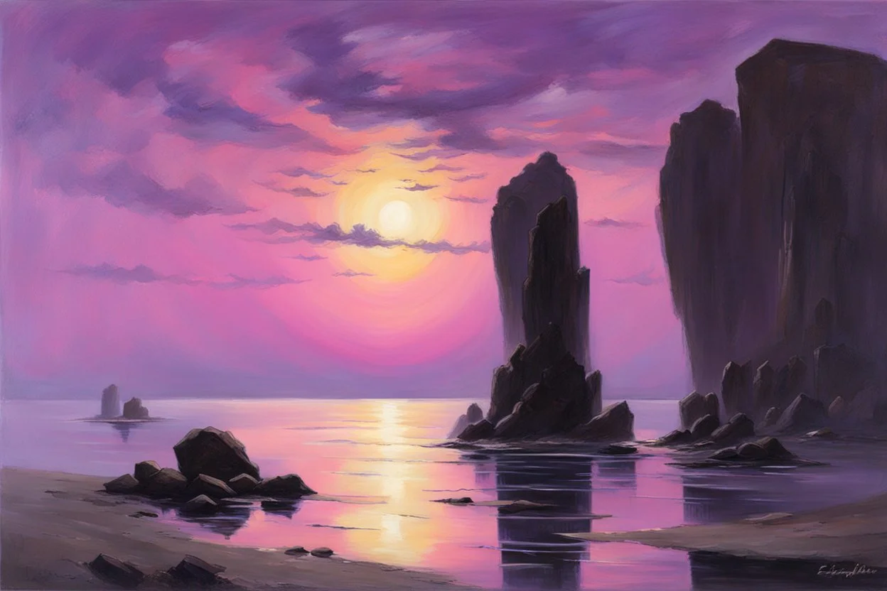 purple sky, rocks, sci-fi, lake, friedrich eckenfelder and henry luyten impressionism paintings