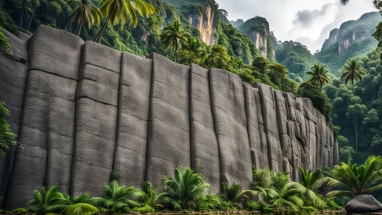 flat wall of rock in the jungle at the foot of the mountain