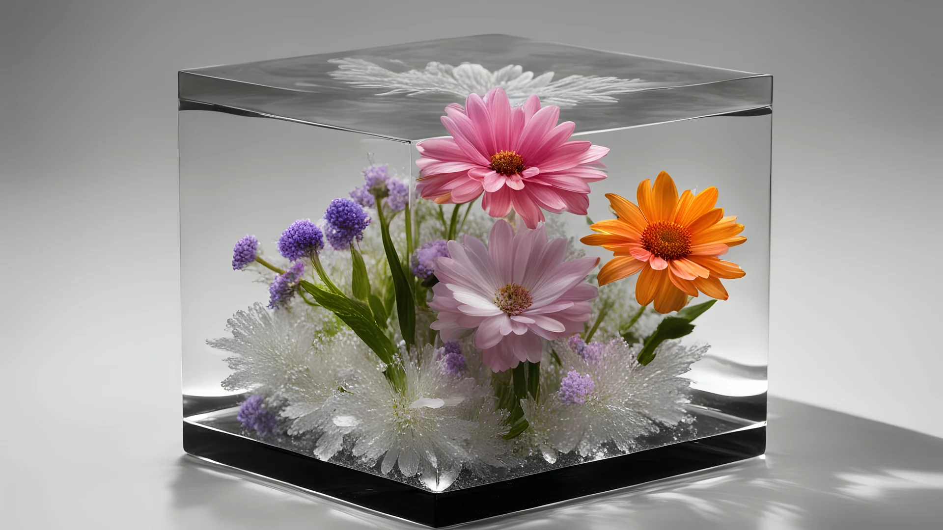 Flowers in a crystal cube