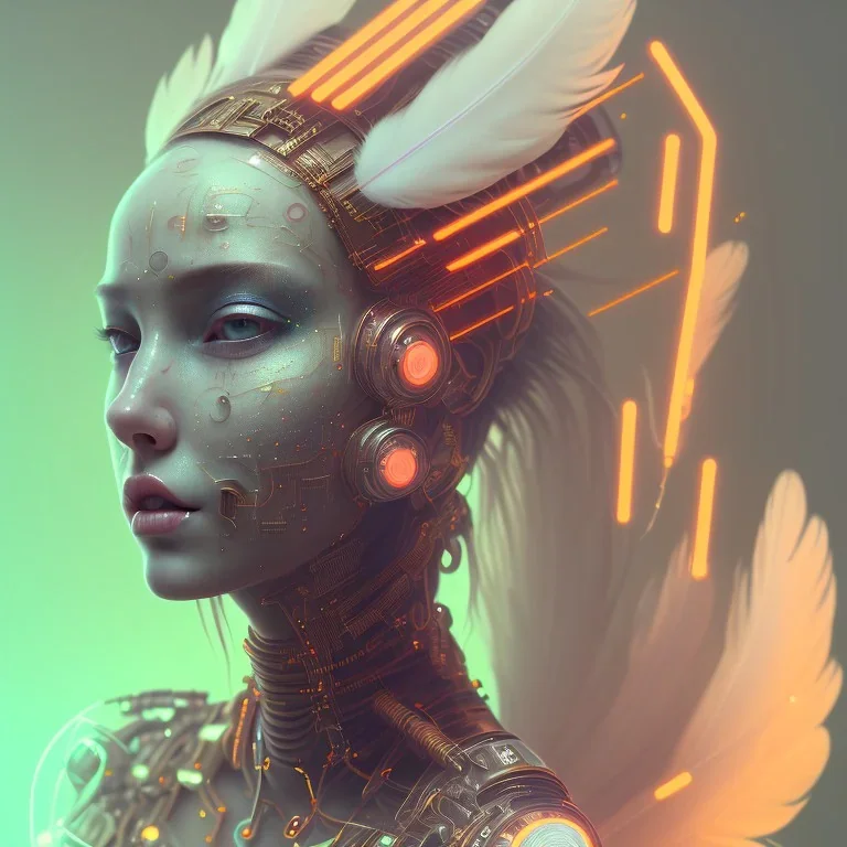 A beautiful portrait of a cute gelly cyberpunk woman happy, grain on the skin, tribal tatoos, orange color scheme, high key lighting, volumetric light high details with white stripes and feathers full length clean art NFT, soft lighting, soft pastel gradients, high definition, blender 3d cinematic, op art, visionary art, sacred geometry, fractal, white balanced