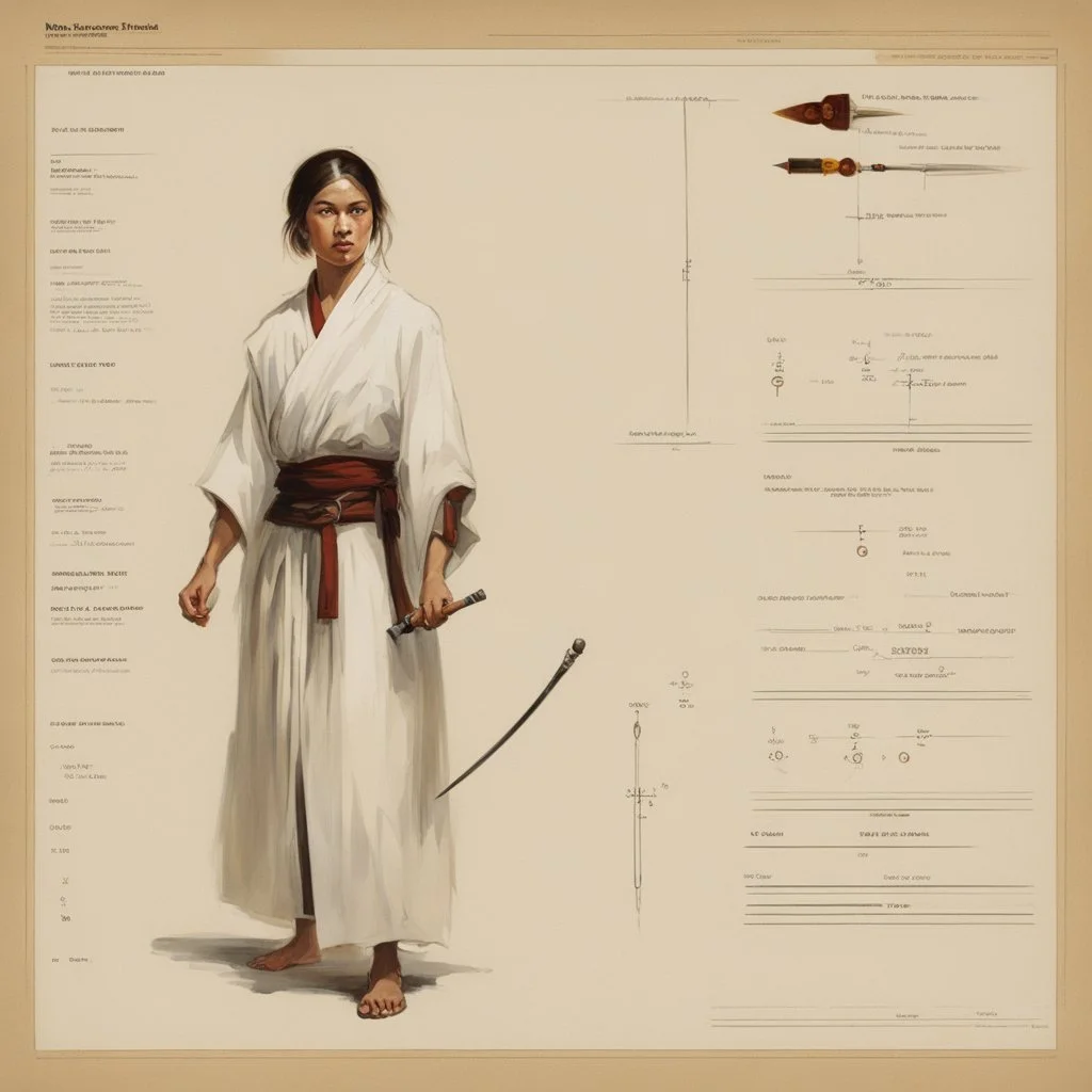 ConceptSheet [by Guy Borremans]: woman telepathic monk and her nunchaku with AD&D statistics