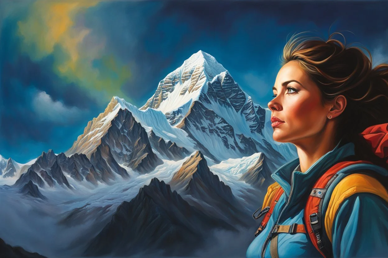 A perfect woman having a beautiful dream standing on the top of Mount Everest painted by Julie Bell. concept art, mid shot, intricately detailed, color depth, dramatic, 2/3 face angle, side light, colorful background