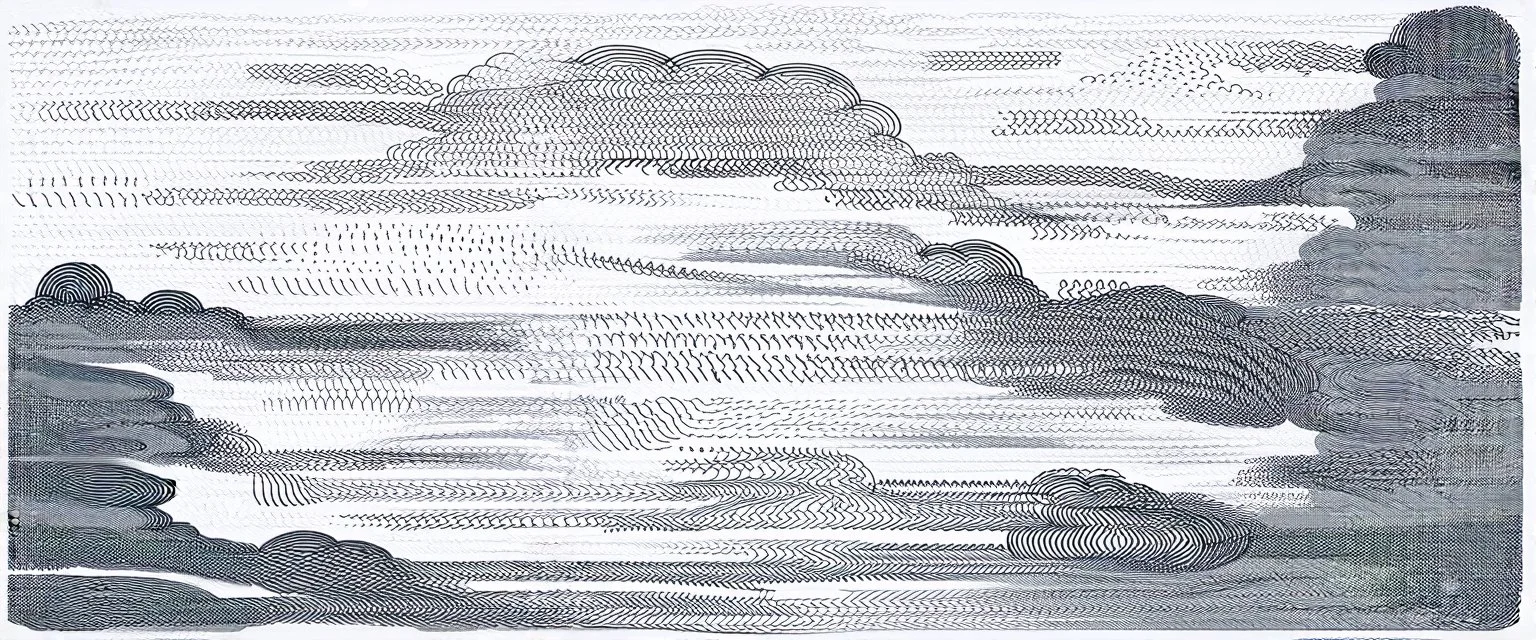a series spaced curved and looping horizontal lines with paths inspired by clouds, cloud topography, whimsical cute, kawaii, black lines on white, vector lines