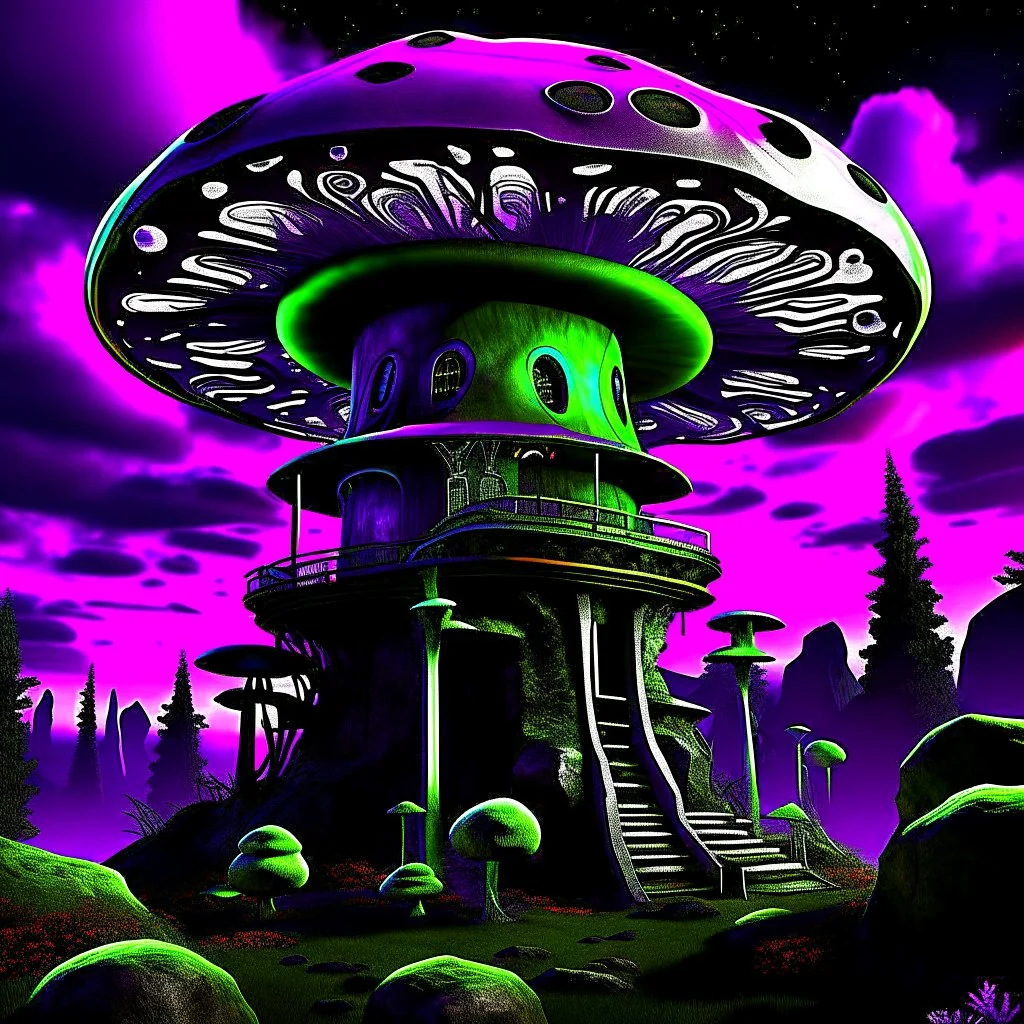 A fantabulous black, green and purple (((mushroom tower house))) erected atop a (geologic pillar), surrounded by the uncanny imaginative ((( swirling skies))), offset by the stark hues of a (neon-tinged nebulous space scape), within. captured by the hand a skilled master painter with a focus on (softly blurred compositions and voluminous lighting).