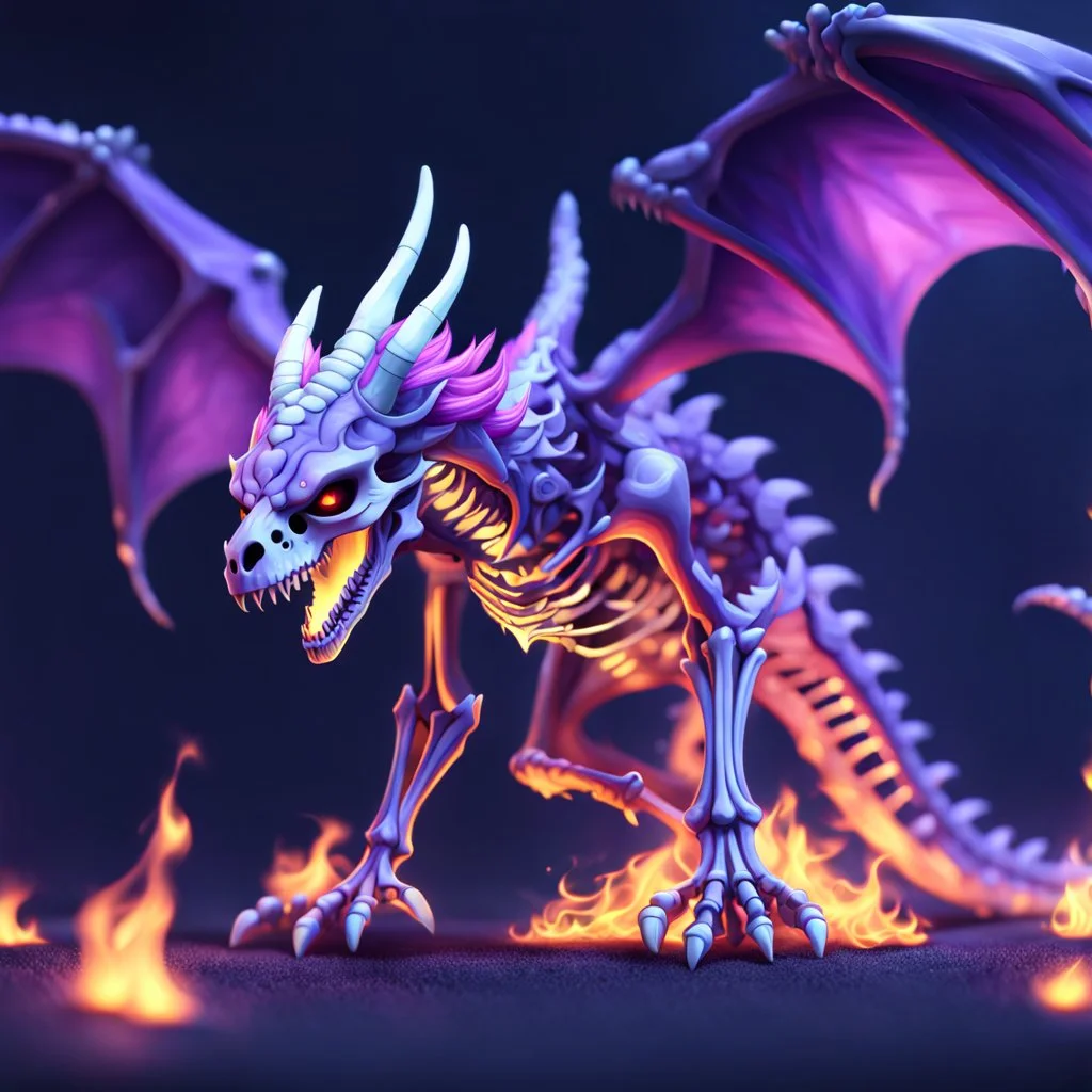 cute Skeleton dragon, fire, purple, ultra realistic, 8k