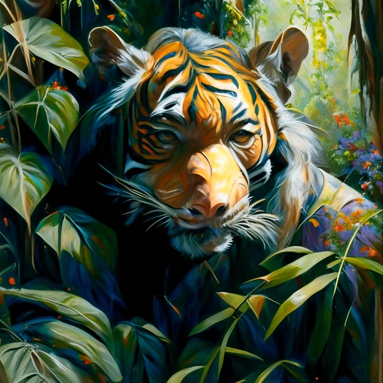 close up of an almost invisible Tiger HIDDEN behind amongst jungle leaves, oil on canvas in the style of Daniel Gerhartz