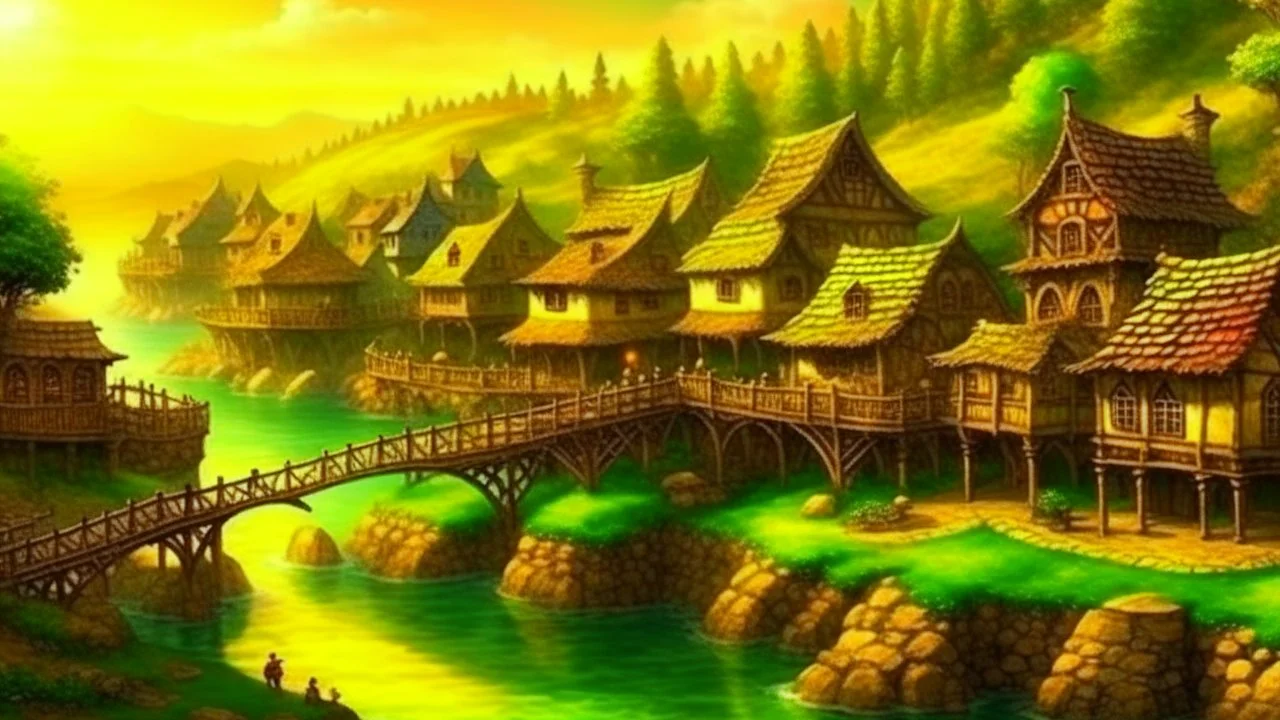 Fantasy art: fantasy village on the river with dam