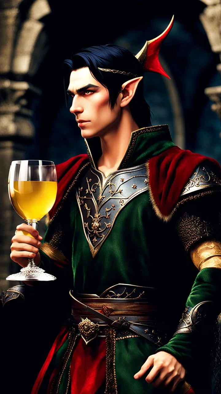 male elf with skin, black hair in a ponytail, wearing a crown and holding a goblet of wine