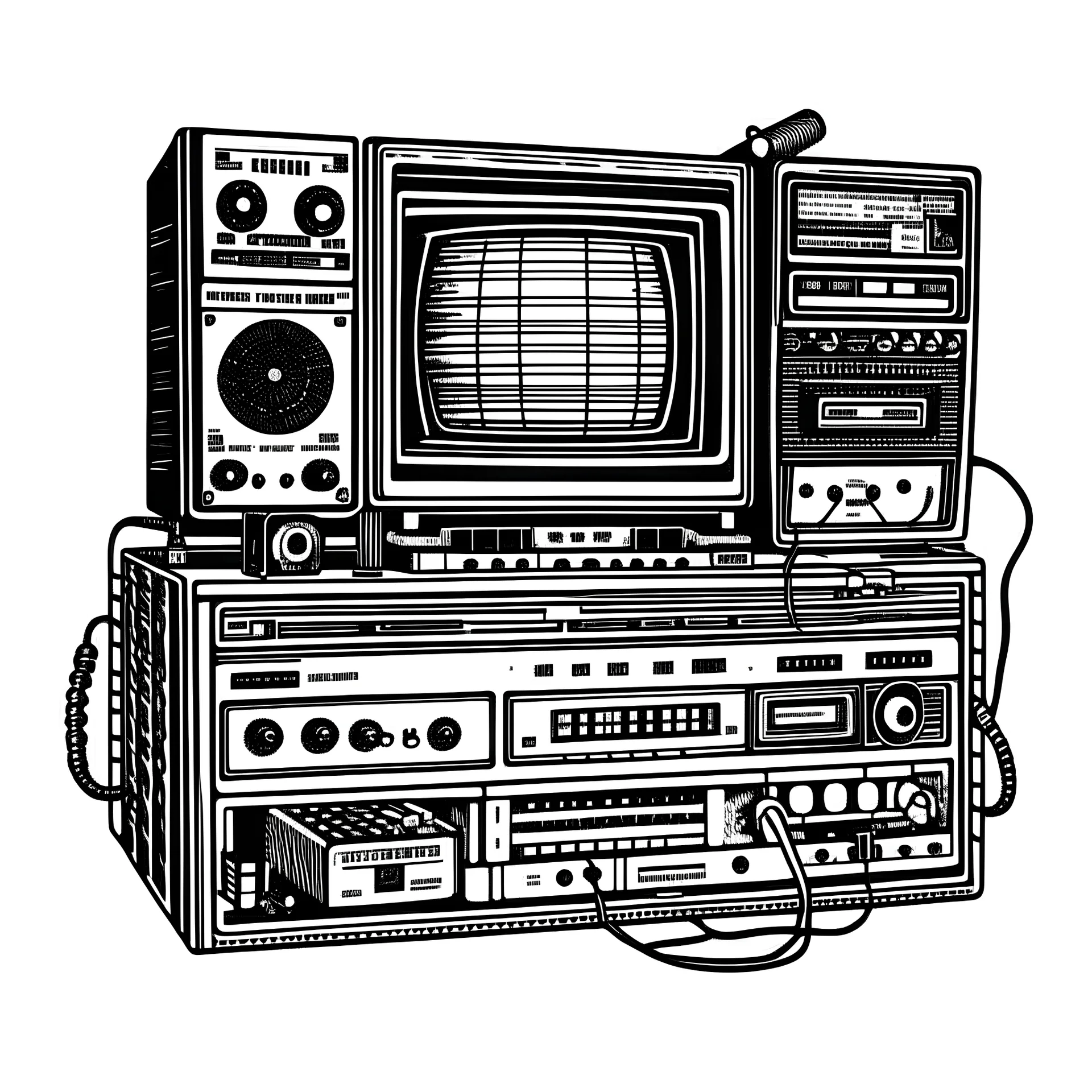 A very simple black and white line drawing of a stereo system out with horror elements