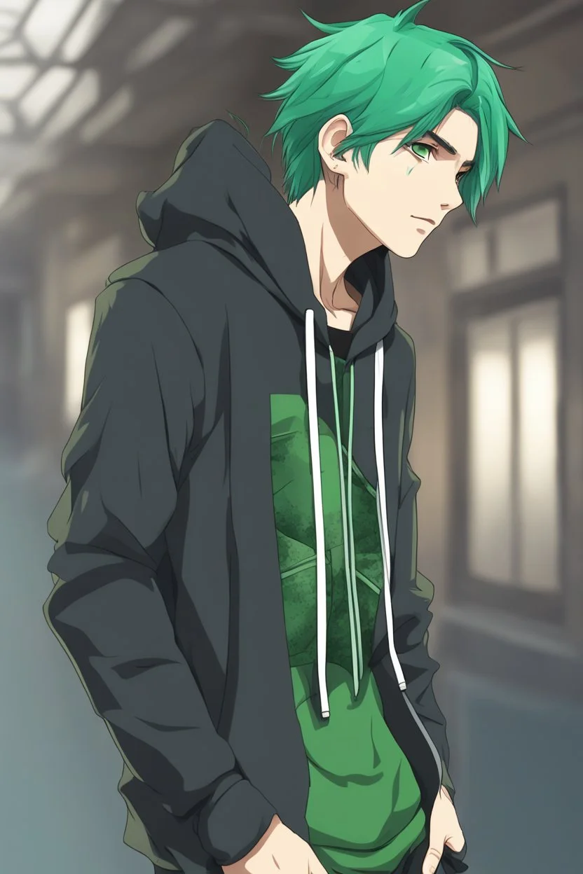 Anime Young man with green hair wearing a hoodie realistic