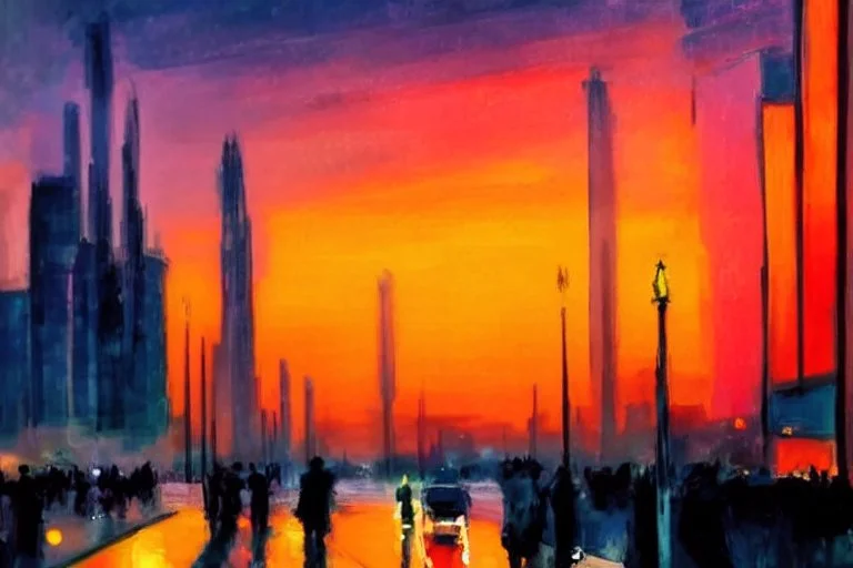 Sunset, city, distant city, city lights, street lights, people, street, shadows reflections, lesser ury impressionism painting