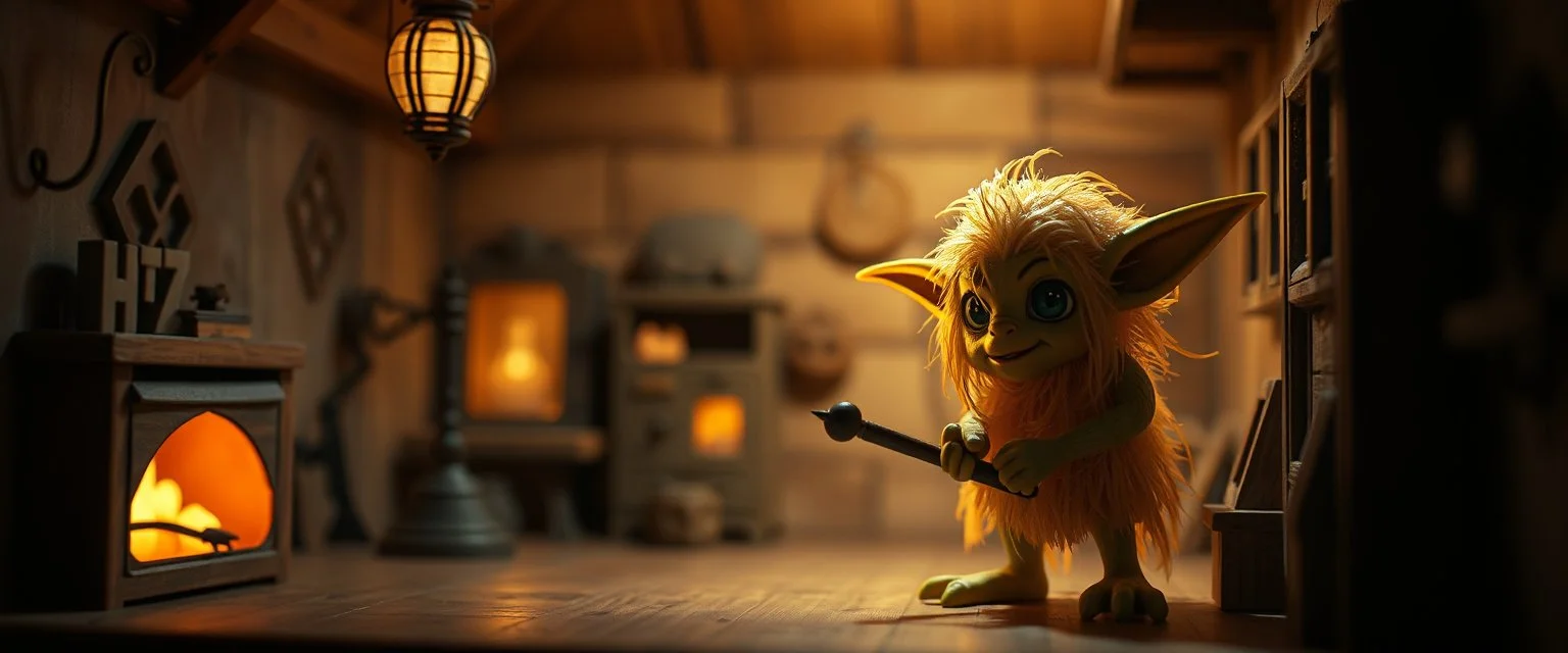 air brush 3d with pen outline,spaghetti western fluffy goblin edgy hero, shallow depth of field, warm lantern, pin hole cam in doll house