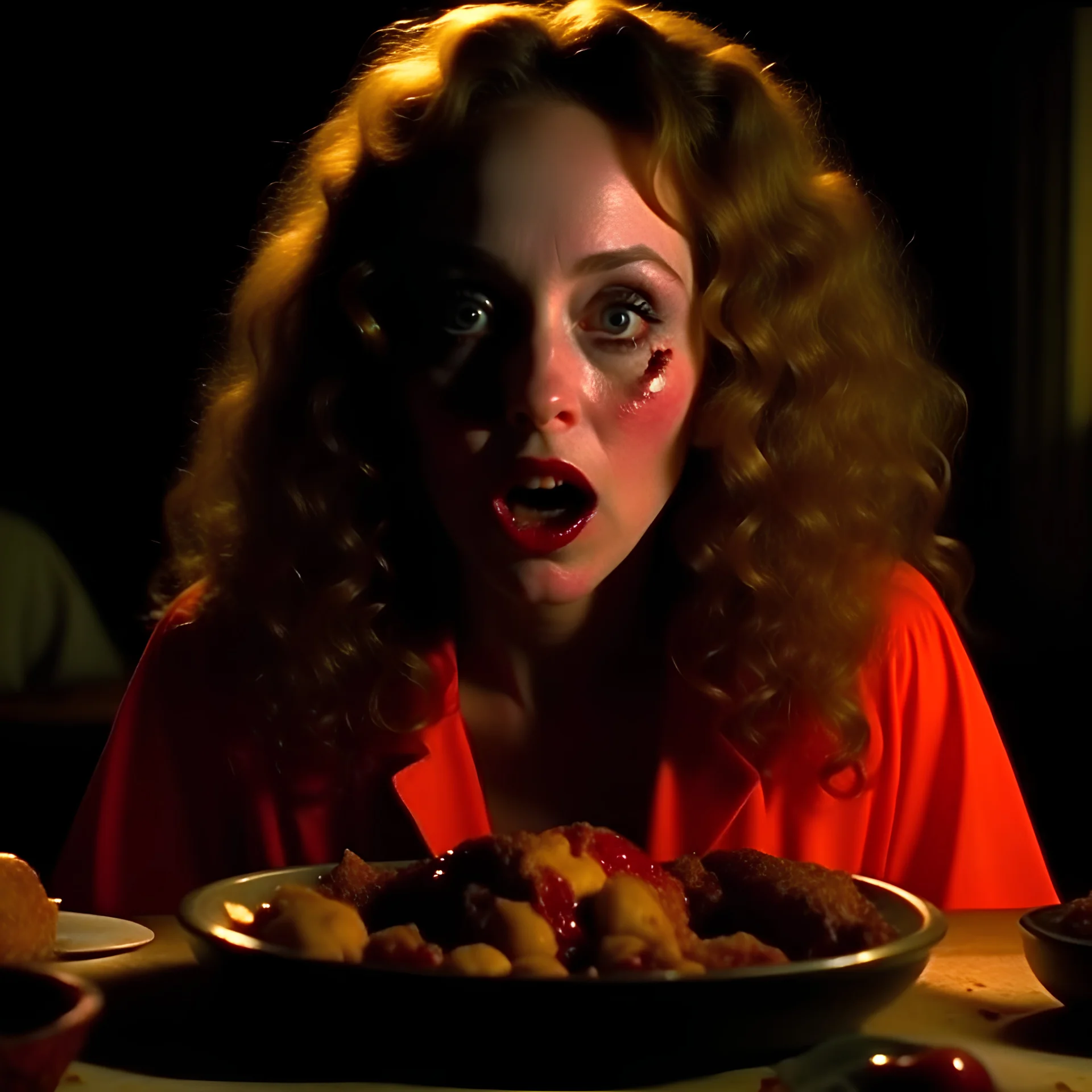 Spooky, ultra realistic distress, dining, ultra realistic hot woman, meat, blue eyes, organic hot bondes, dynamic, anguish, excited and lively scene, hypermaximalist spot, Creepy the Ring Alfred Hitchcock, Sam Raimi, insanely detailed, sinister, John Carpenter, Dario Argento, ornate