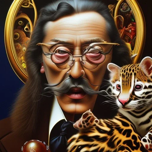 Salvador Dali with his pet ocelot Babou , hypperealism , surrealism , outlandish painting , extreme painting , high definition , high detailed, vivid deep colours, complex ,oil on canvas ,8k,portrait,sharp,beautiful faces ,elegant , focus, close up, fantasy view ,masterpiece, by Salvador Dali .