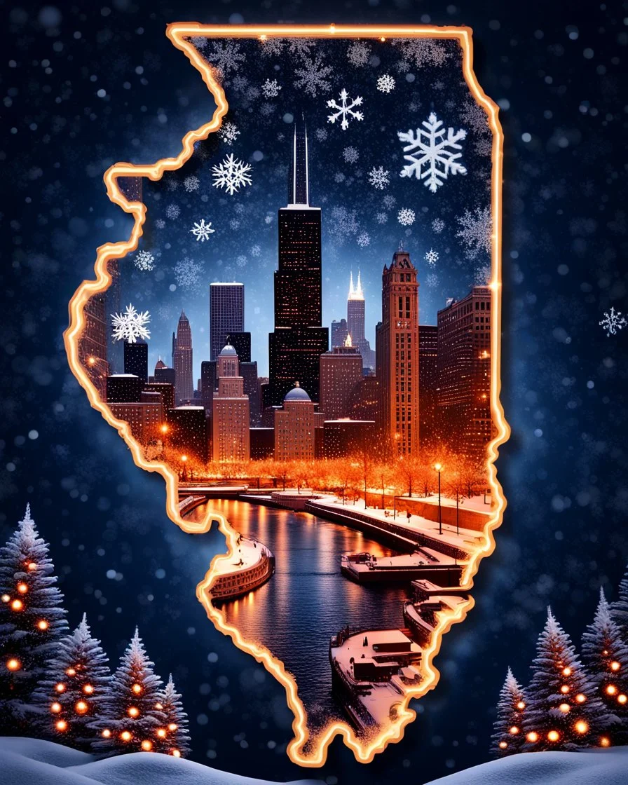A outline of the State of Illinois against a dark snowy background with snowflakes falling down.. In the center of the state is a image representing the skyline of Chicago at Christmas with its beautiful buildings and architecture. The rest of the area inside the outline is softly glowing xmas trees.