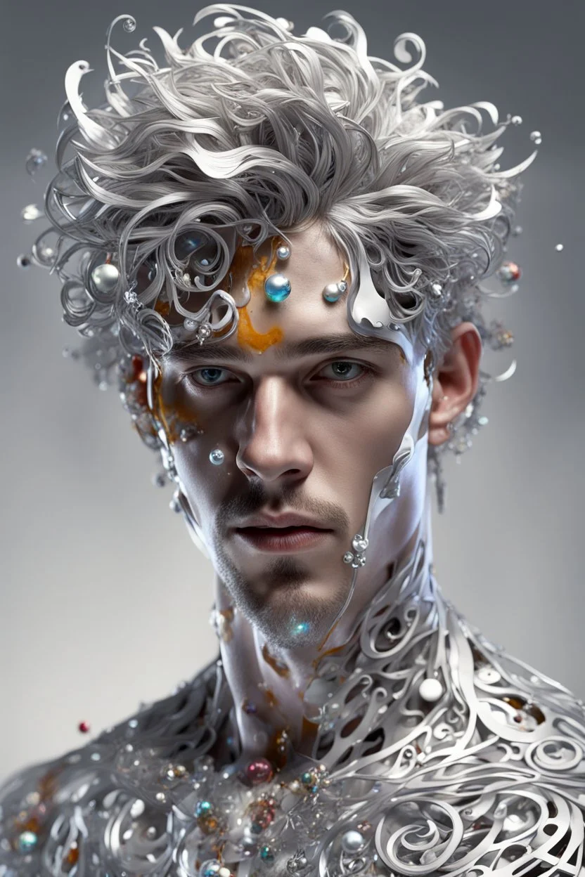 PAPERCUT 3d photo realistic portrait of young man, fantasy, handsome, hard eyes, shiny streaks of paint, filigree, shiny paint blobs, shiny white transparent skin, shiny molten metalics, baubles, papercut, wild hair, high definition, octane render, 64k, 3d