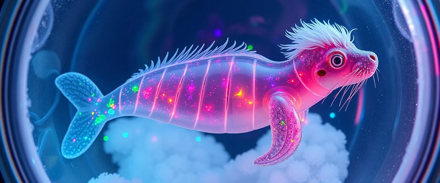 The image depicts a fantastical disco glitter dragon squid squirrel snow soup, specifically a transparent with neon plasma aura, with a unique and whimsical appearance. The seal dragon is positioned in a circular frame, which suggests it might be inside a container or a vessel. The body is elongated and has a segmented appearance, with a detailed texture that gives it a realistic look. Its head is covered with white, spiky hair, adding to its fantastical charm. From the weird dragon lab.