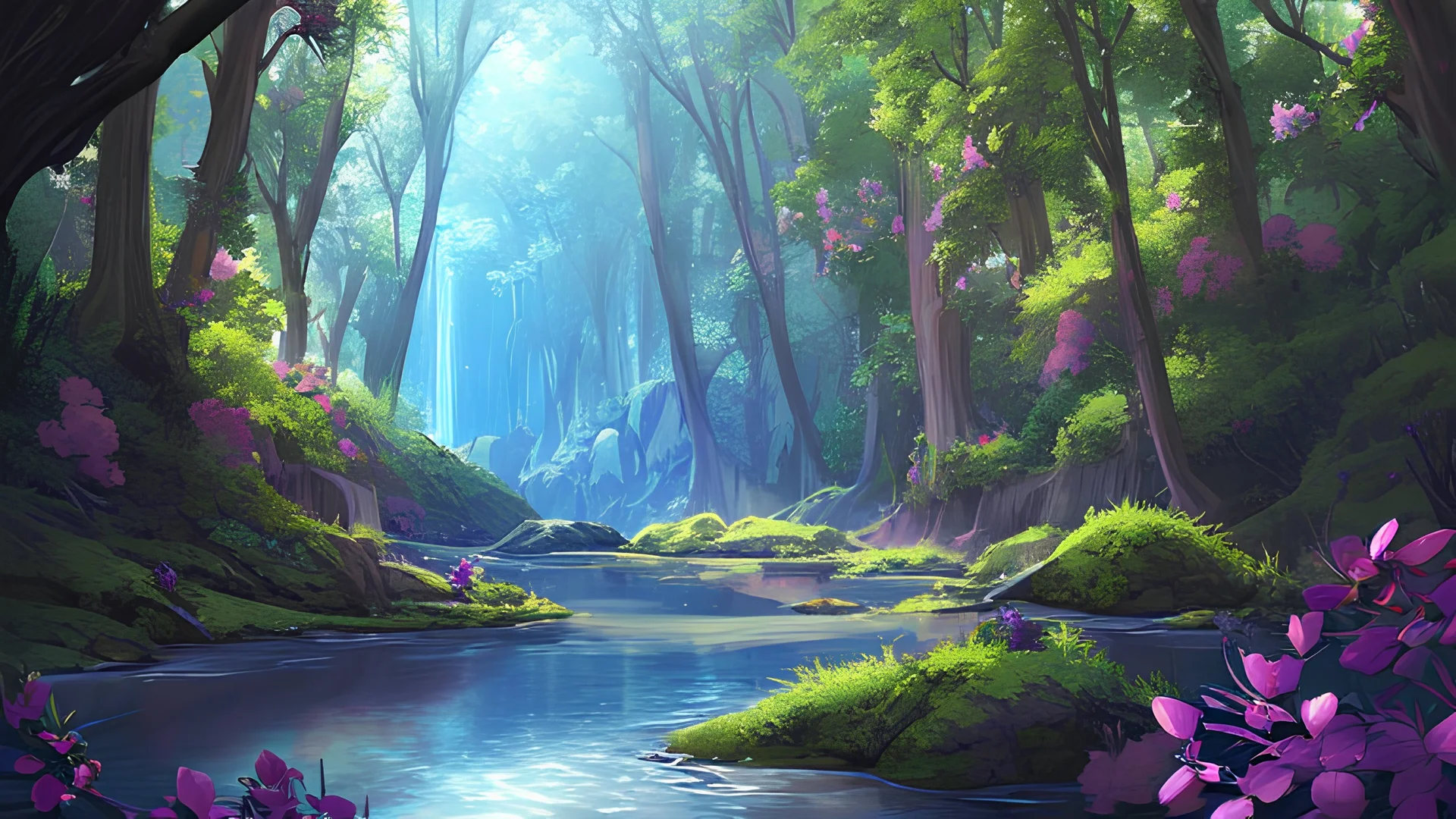 a beautiful scene of a forest in the distance with very purple trees and a blue shimmering river going down the forest the sky is an orangey pink