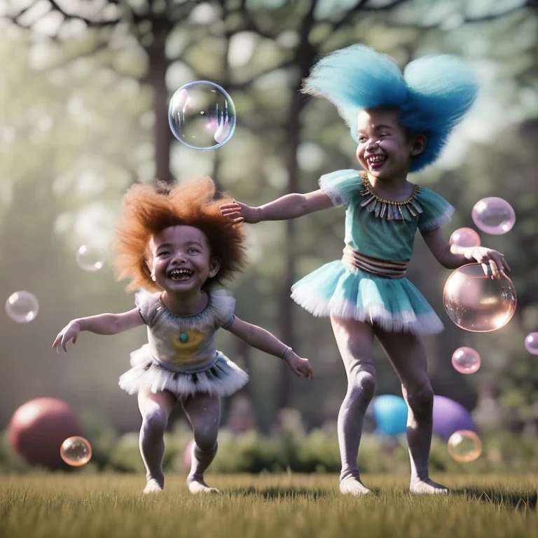 Ultra realistic circus scene. Sweet hair monster and Child’s playing, smile, happy, color bubbles, smooth color, waist up view, Wes Anderson style, dark ambient, highly detailed, concept art, unreal engine 5, god rays, ray tracing, RTX, lumen lighting, ultra detail, volumetric lighting, 3d, finely drawn, high definition, high resolution.