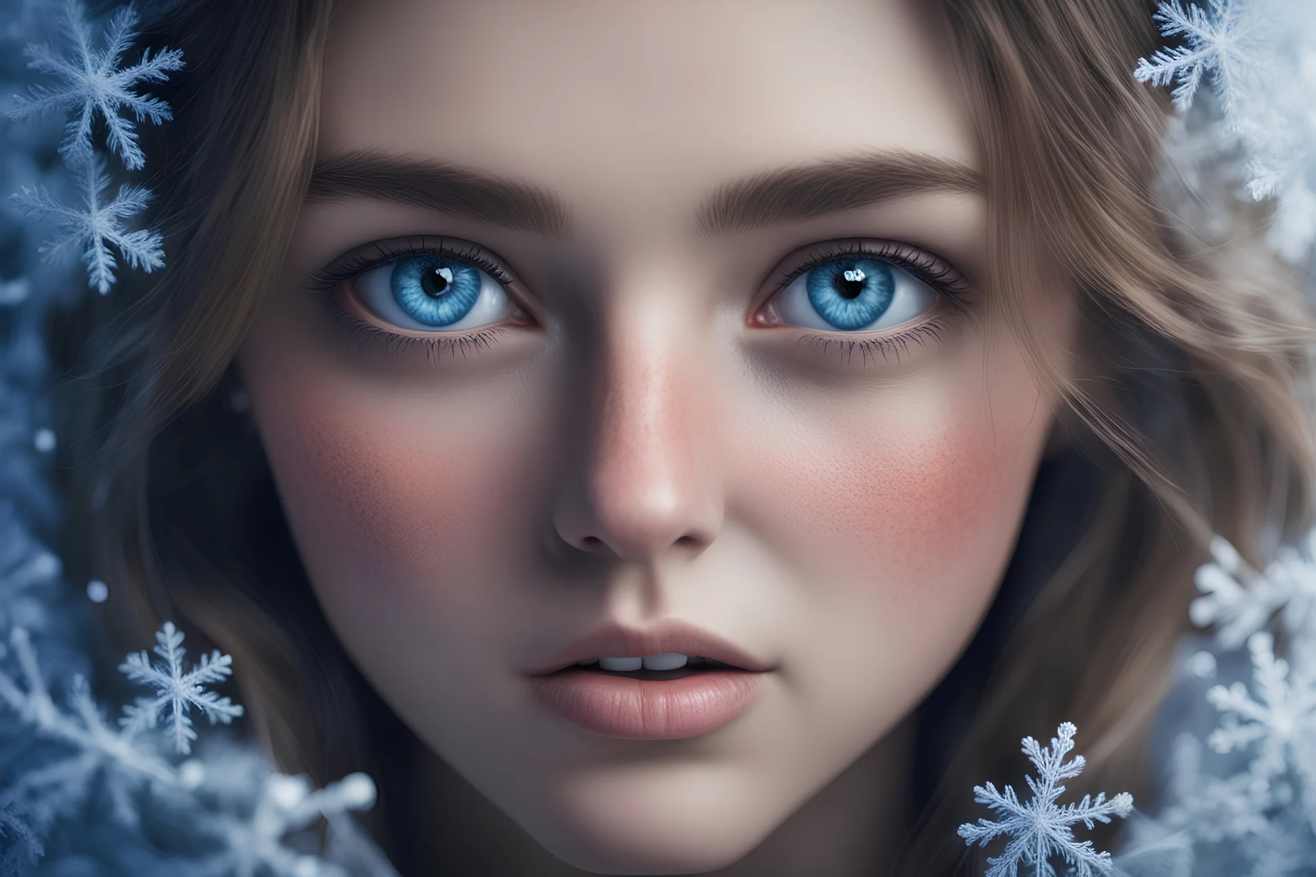 A broken heart that seeks and wants warmth but is rejected by another. A high definition ultra realistic cinematic 8k.high quality 8K Ultra HD Ultra detailed perfect woman face beautiful big eyes Charming perfect woman blue eyes with snowflakes 8k ultra hd