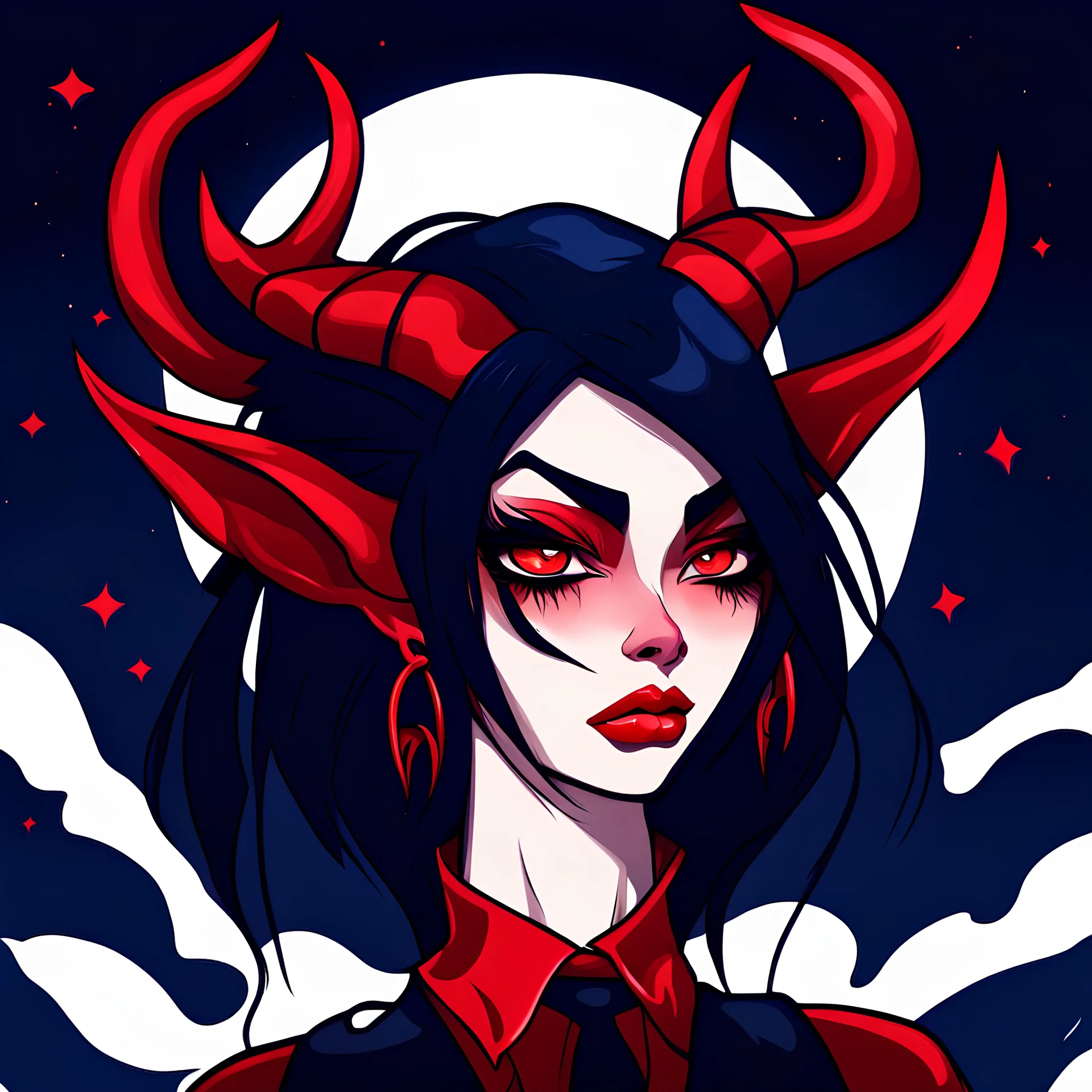 mad devil with horns with long black or extremely dark blue hair aesthetic girl red night sky posing cartoon smooth shiny