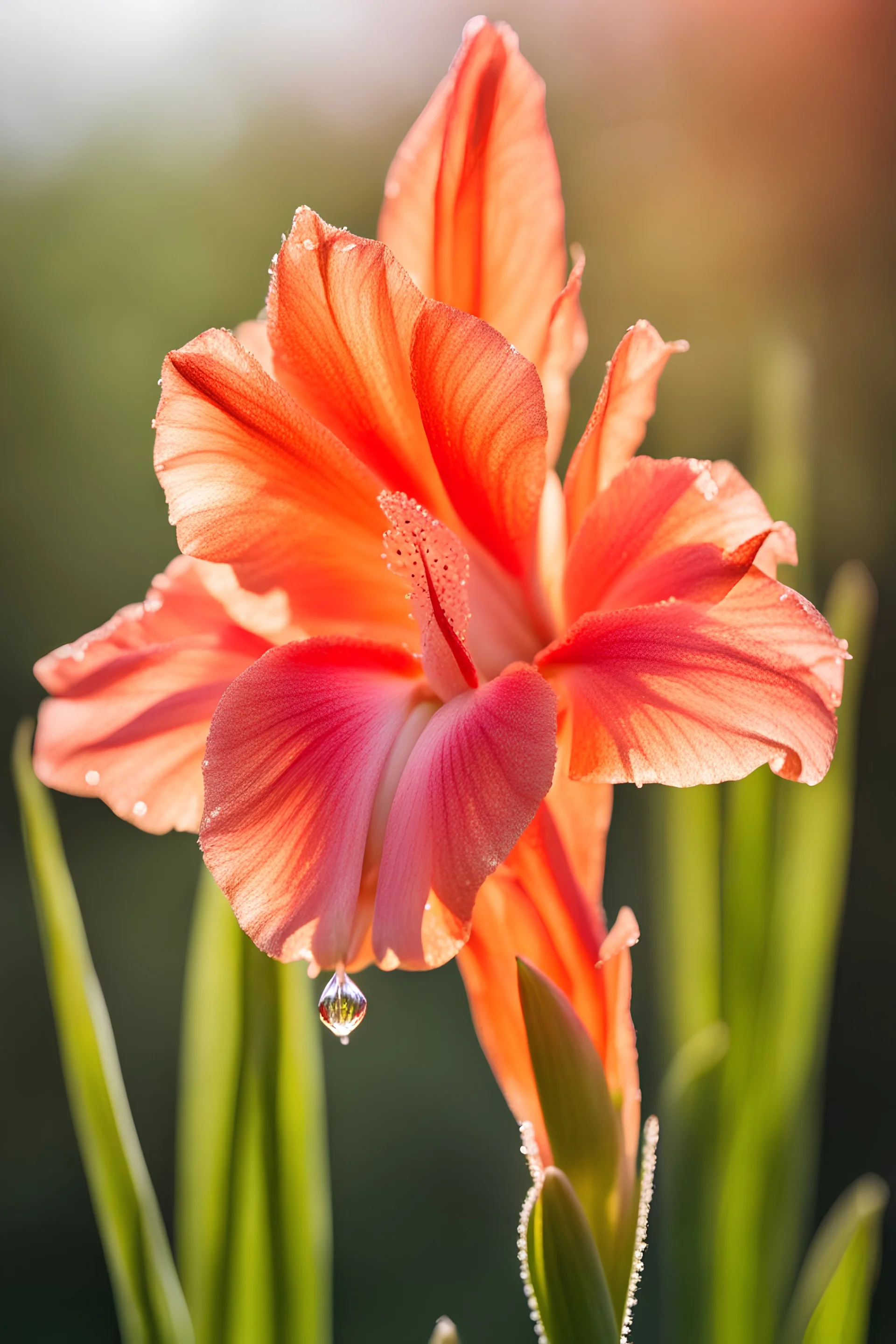 Macro image with morning dew over the gladiolus flower, raw foto, natural colors, dynamic light and shadow, very detailed scene with intricate details,