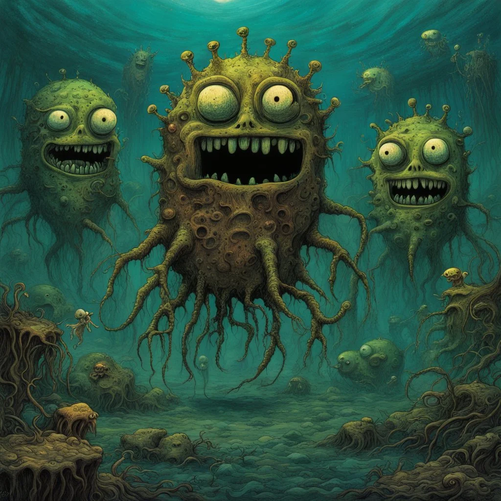 Surreal mutant decayed SpongeBob Squarepants monstrosity, 'he lives in a nightmare under the sea', alternate zombie SpongeBob, by Zdzislaw Beksinski, by Jack Davis, by Dave Kendall, sinister unnatural comix underwater landscape, horror art, creepy eerie dystopian.