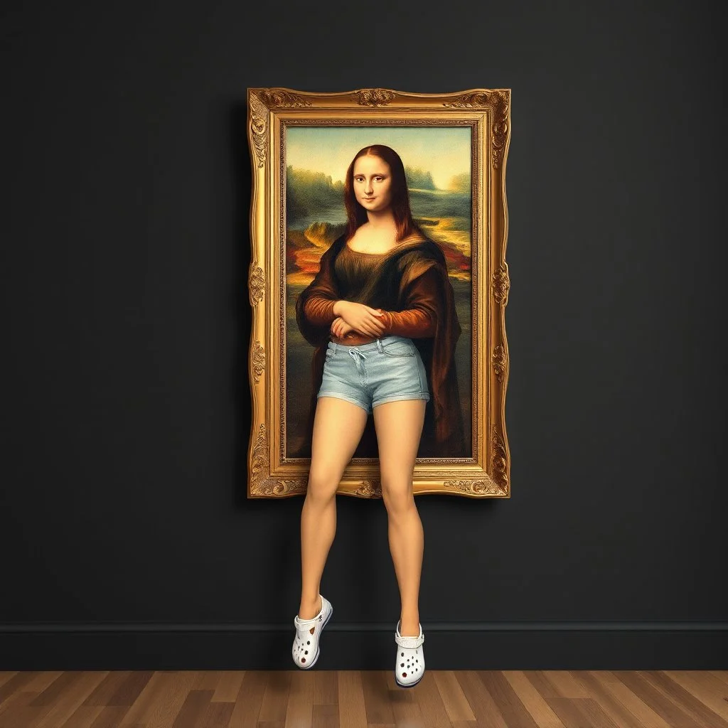 A painting of Mona Lisa on the wall, the frame with shorts and Crocs attached to her human legs