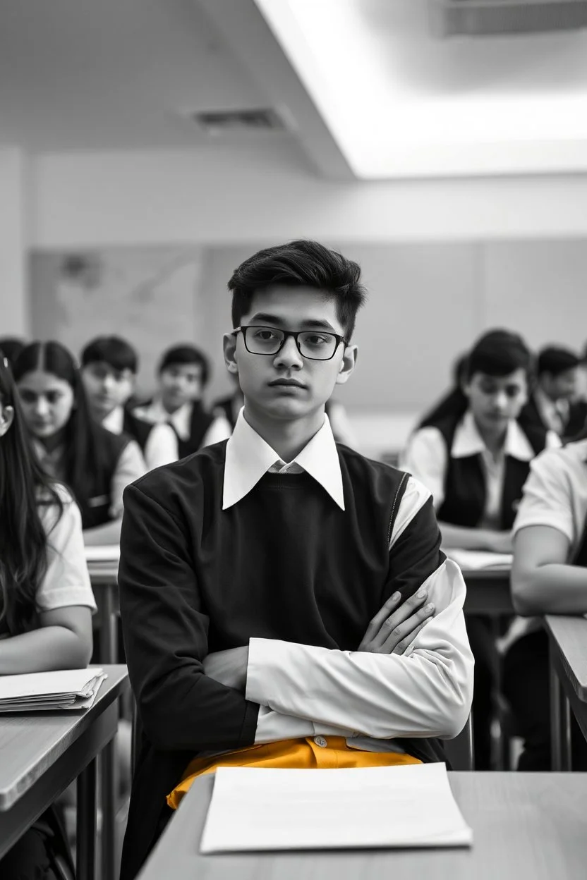 A student in the class studying a black and white picture for all students uniforms one student in front white a yellow custom only