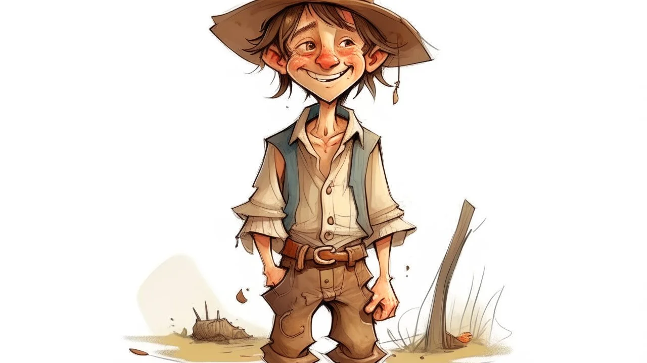 fantasy illustration of a cute but very poor country boy. He is 10 years old ,his clothes are torn, but he looks happy.