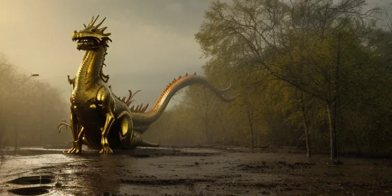 two golden statue giant dragon, abandoned airplane on tracks overgrown by nature with large puddles of water flooding part of tracks, rain, fog, 8k resolution, high-quality, fine-detail, intricate, digital art, volumetric lighting, illustration, 3D octane render